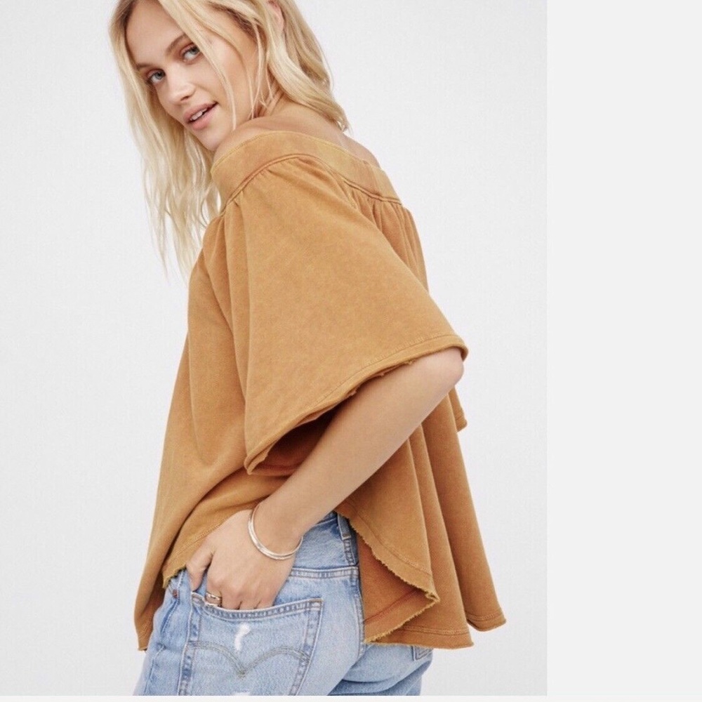 Free People Kiss Me Knit Boho Wide Shoulder Shirt Brown Terracotta XS